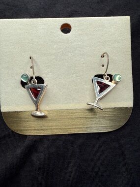 Silver Martini Glass Dangle Earrings with Garnet Red Accent NWT